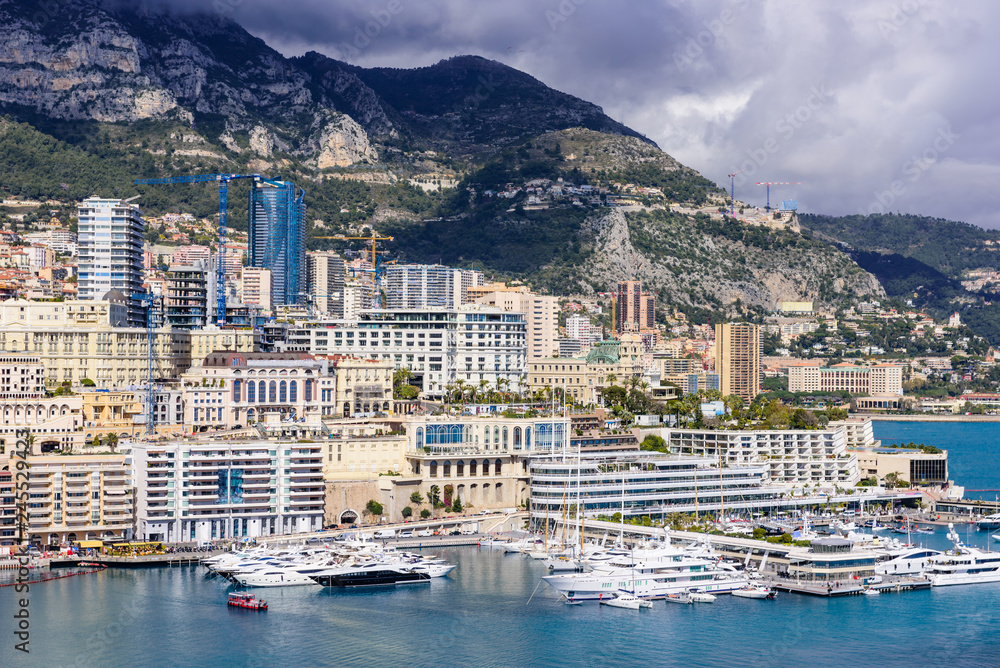 Cityscape and harbor of Monte Carlo. Aerial view of Monaco on a Sunny day, Monte Carlo, Principality of Monaco
