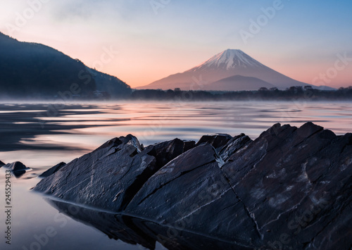 Mount fuji rocks and water at lake shoji