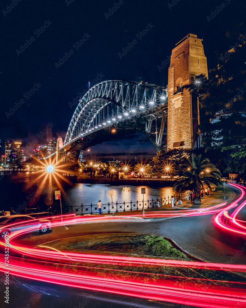 Fototapeta premium dramatic light trails and Sydney Harbour Bridge