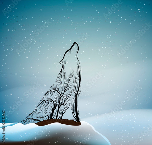 wolves extinction concept, spirit of dying wolf due the forest extinction, wolf look like tree branches in the winter forest, protect the animal and forest,