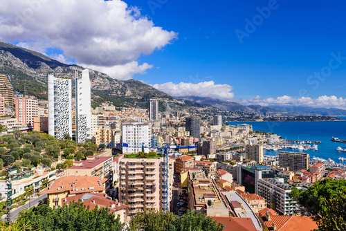 Cityscape and harbor of Monte Carlo. Aerial view of Monaco on a Sunny day, Monte Carlo, Principality of Monaco