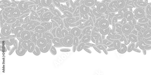 Indian rupee coins falling. Scattered black and wh