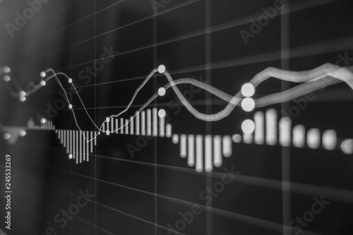 Photography Stock exchange market in black and white on LED screen