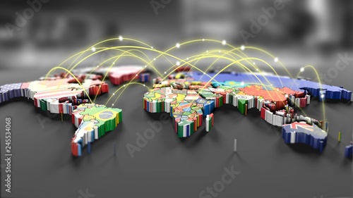 Fototapeta Naklejka Na Ścianę i Meble -  Connection lines Around map with all country flags, Futuristic Technology Theme Background with Light Effect.Global International Connectivity Background.3d illustration