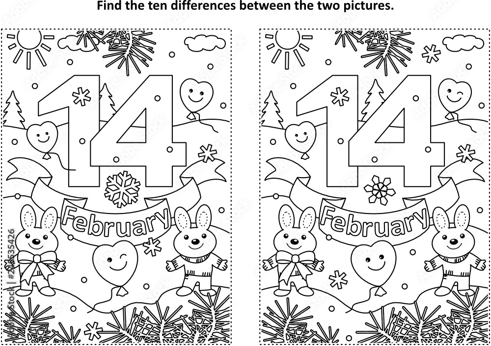 Fototapeta premium Valentine's Day find the ten differences picture puzzle and coloring page with 14 February text, cute bunnies, balloons
