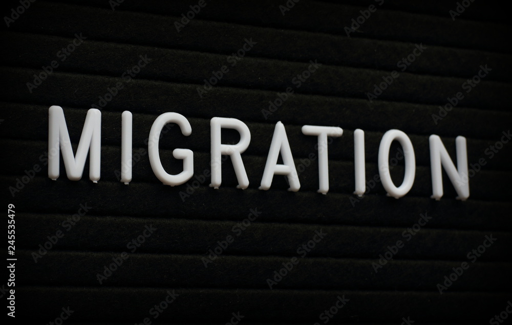 The word Migration in white plastic letters on a felt letter board The word Migration in white plastic letters on a felt letter board