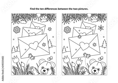 Valentine's Day find the ten differences picture puzzle and coloring page with teddy bear, envelopes with heart seals
