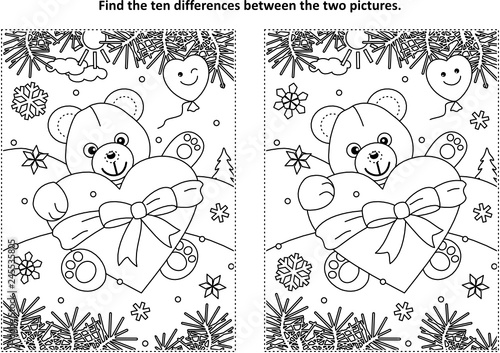 Valentine's Day find the ten differences picture puzzle and coloring page with teddy bear and big heart

