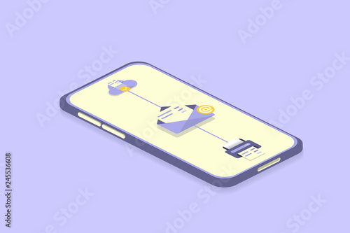 Flat template with smartphone mailing isometric. Mail correspondence sign. Send message. Vector cartoon flat. Email isolated sign. Inbox icon. Message symbol. Vector phone chat interface. 
