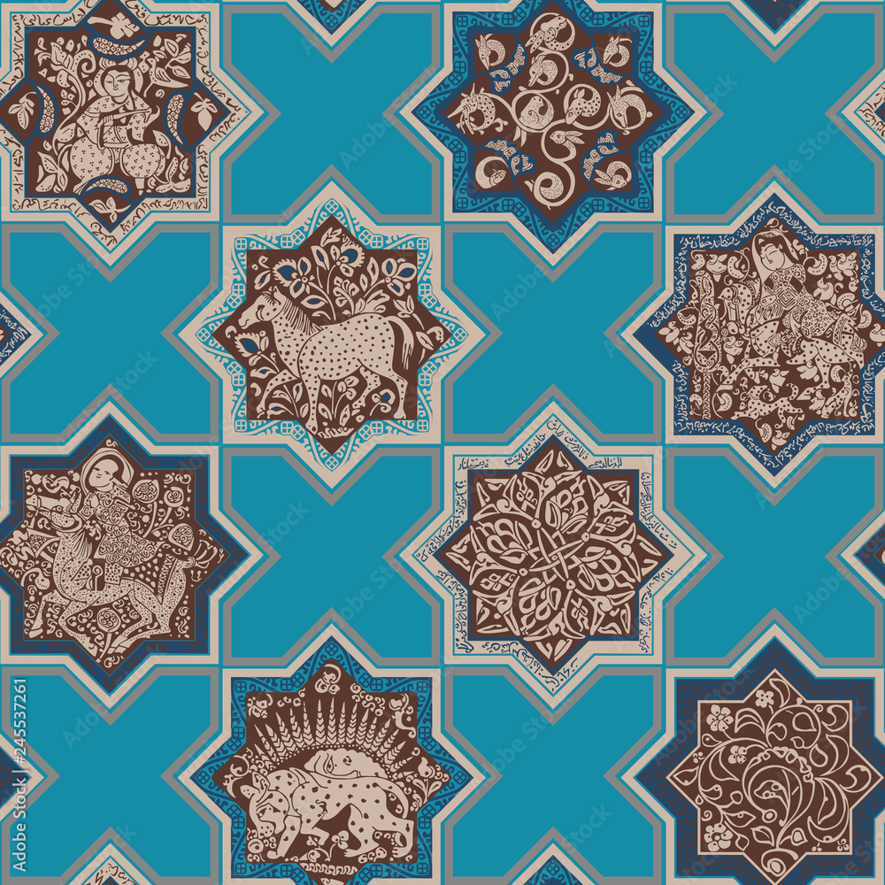 Seamless pattern in the form of tiles. Ornament in the style of ancient Persian patterns.
