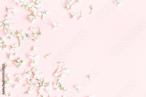 Flowers composition. Apple tree flowers on pastel pink background. Spring concept. Flat lay, top view, copy space