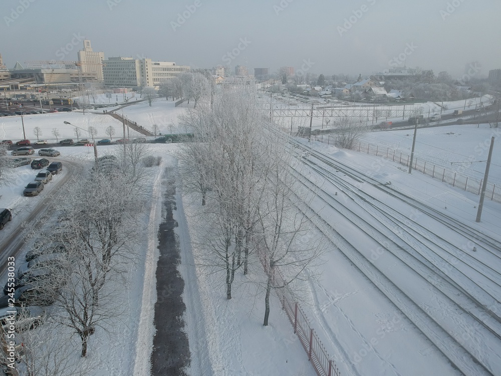 Aerial view of railway tracks in Minsk, Belarus in winter 