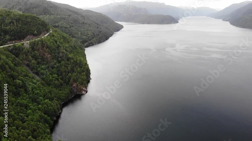 Aerial view. Norwegian landscape. Mountains hills and fjord Saudafjord, evening time, overcast weather. National tourist Ryfylke route photo