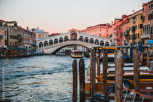 Colourful sunset and Rialto Bridge - Grand Canal in venice, Italy