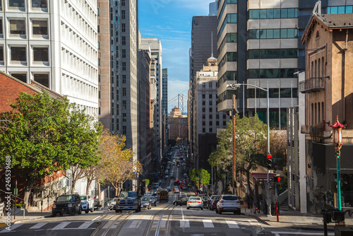 Street and hill at famous California Street San Francisco
