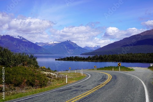 Road in the mountains, blue mountain lake, New Zealand South Island 