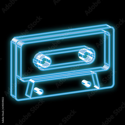Beautiful blue bright glowing abstract neon sign in the form of an old retro vintage hipster audio tape of the 70s, 80s, 90s and copy space on a black background. Vector