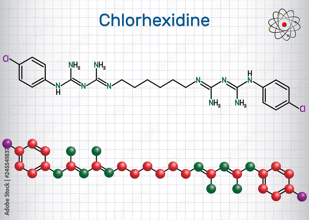 Chlorhexidine (chlorhexidine gluconate, CHG) antiseptic molecule. Structural chemical formula and molecule model. Sheet of paper in a cage