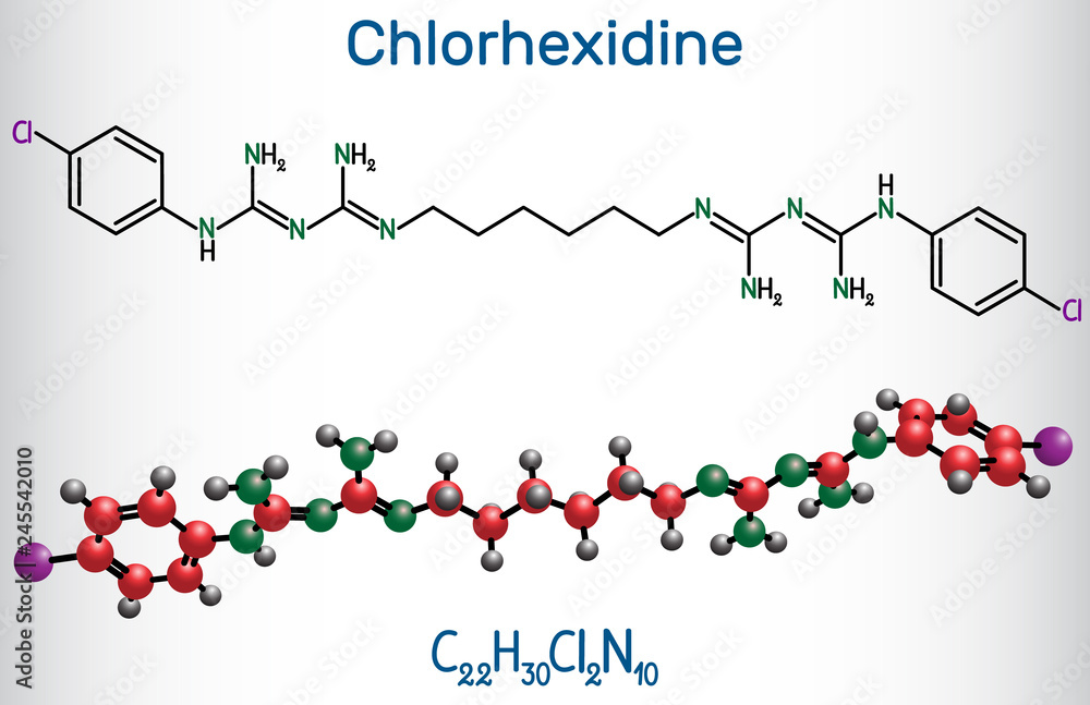Chlorhexidine (chlorhexidine gluconate, CHG) antiseptic molecule. Structural chemical formula and molecule model Chlorhexidine (chlorhexidine gluconate, CHG) antiseptic molecule. Structural chemical formula and molecule model