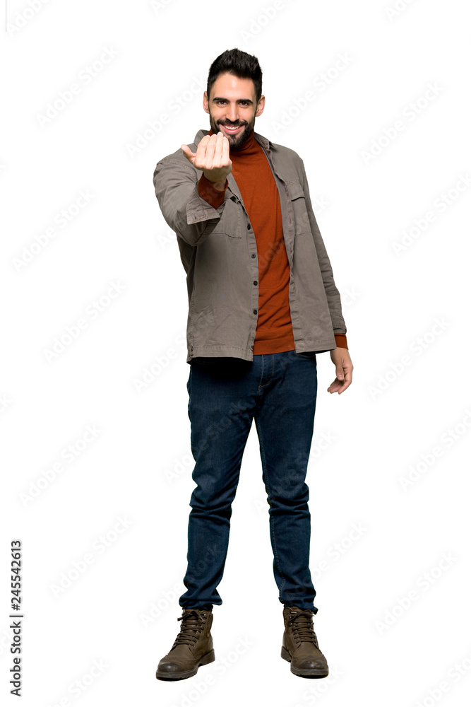 Full-length shot of Handsome man with beard inviting to come with hand. Happy that you came on isolated white background Full-length shot of Handsome man with beard inviting to come with hand. Happy that you came on isolated white background
