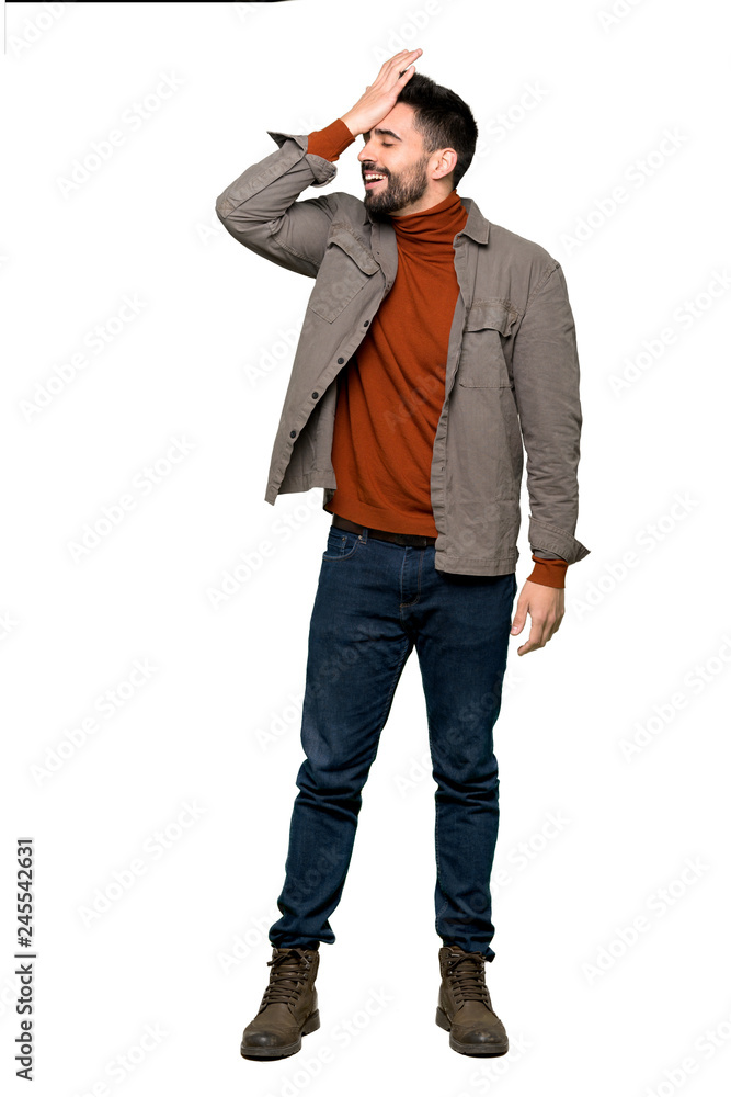Full-length shot of Handsome man with beard has just realized something and has intending the solution on isolated white background Full-length shot of Handsome man with beard has just realized something and has intending the solution on isolated white background