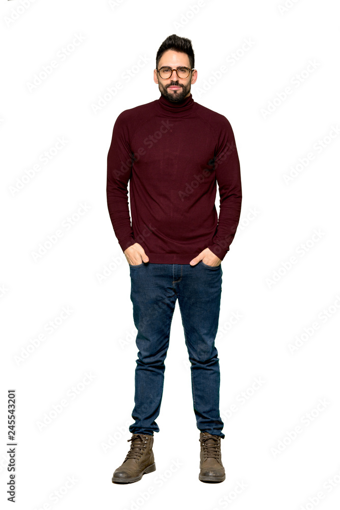 Full-length shot of Handsome man with glasses portrait on isolated white background Full-length shot of Handsome man with glasses portrait on isolated white background
