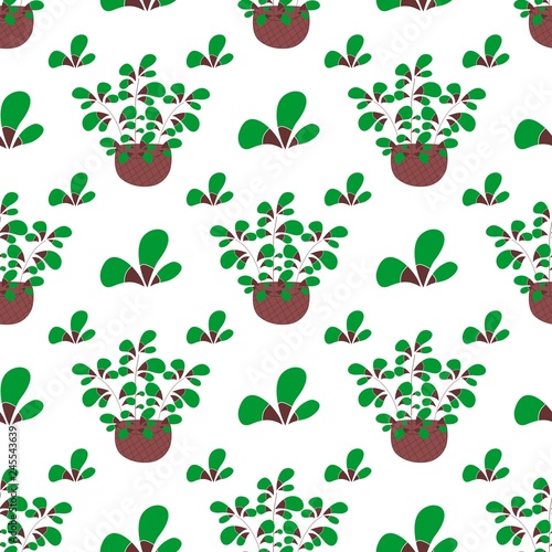 Willow sprig in basket  spring decoration. Three color damask seamless vector pattern. Green  brown and white background. 