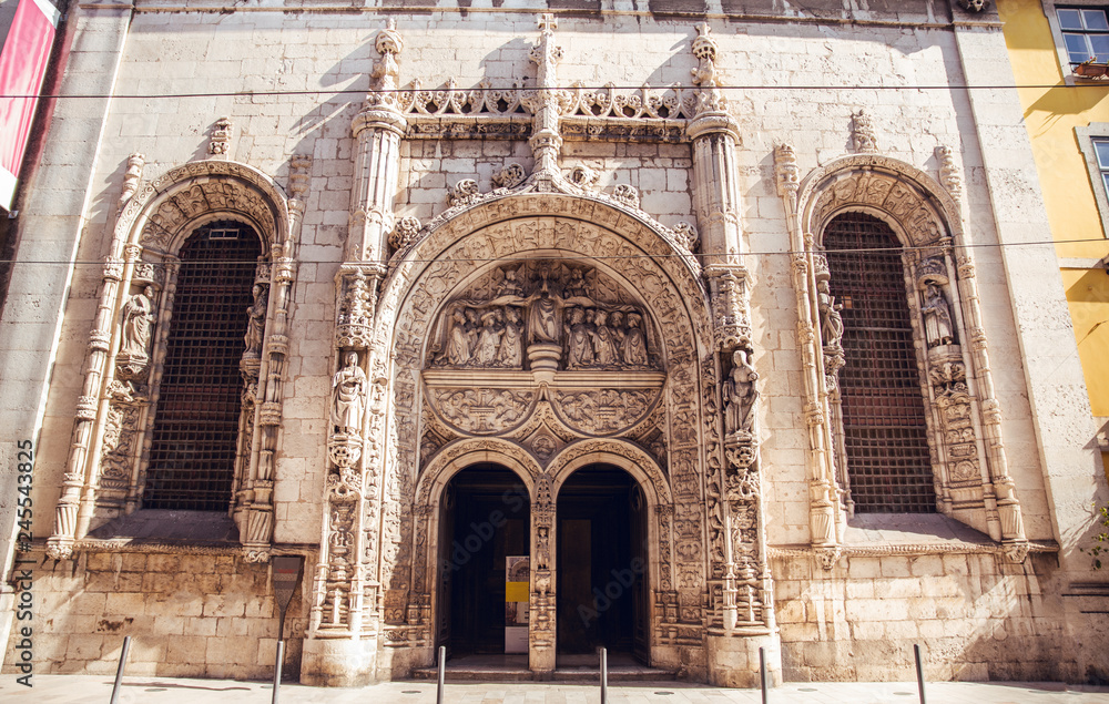 Entrance of gothic church in Lisbon city Portugal