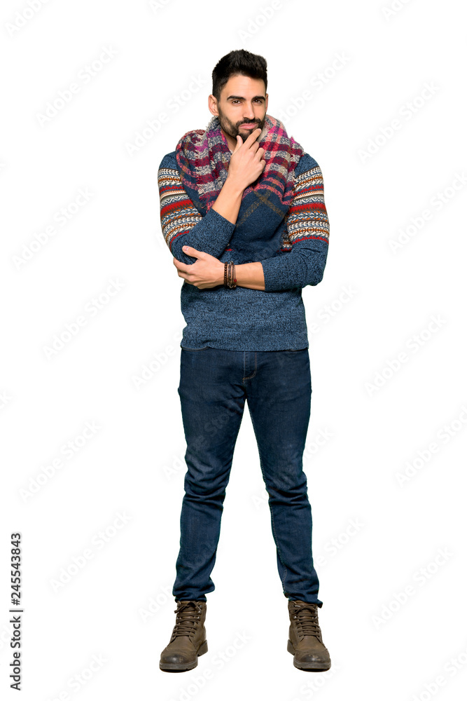 Full-length shot of Hippie man smiling and looking to the front with confident face on isolated white background Full-length shot of Hippie man smiling and looking to the front with confident face on isolated white background