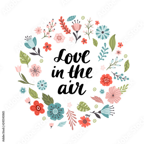 Lovely hand-drawn round banner with flowers and text. Floral vector illustration. Great for logo, website, postcard, invitation, banner or print.
