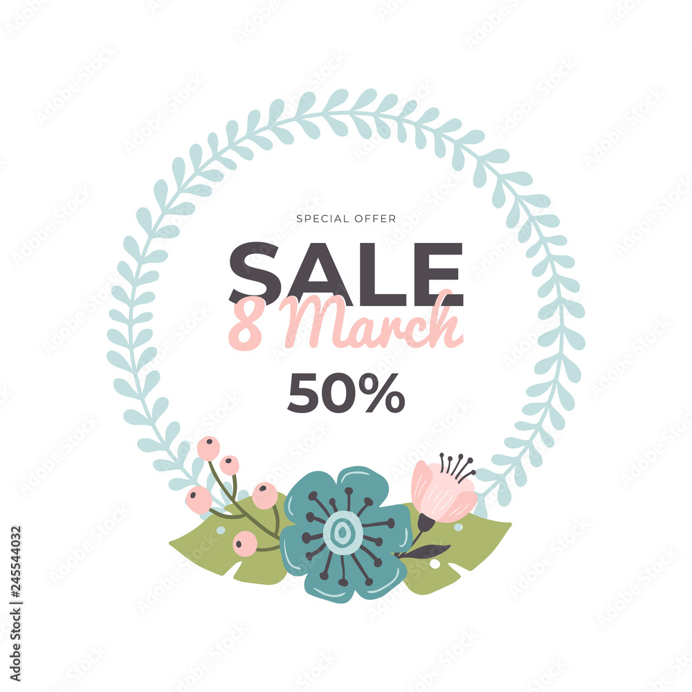 Hand-drawn banner for 8 March Sale. Vector illustration with spring flowers and text. Great for sell-out, website, flyer, postcard, print or banner.