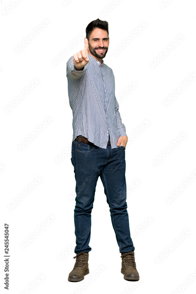 Full-length shot of Elegant man with shirt showing and lifting a finger on isolated white background Full-length shot of Elegant man with shirt showing and lifting a finger on isolated white background
