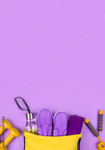 Creative flat lay of sport and fitness equipments