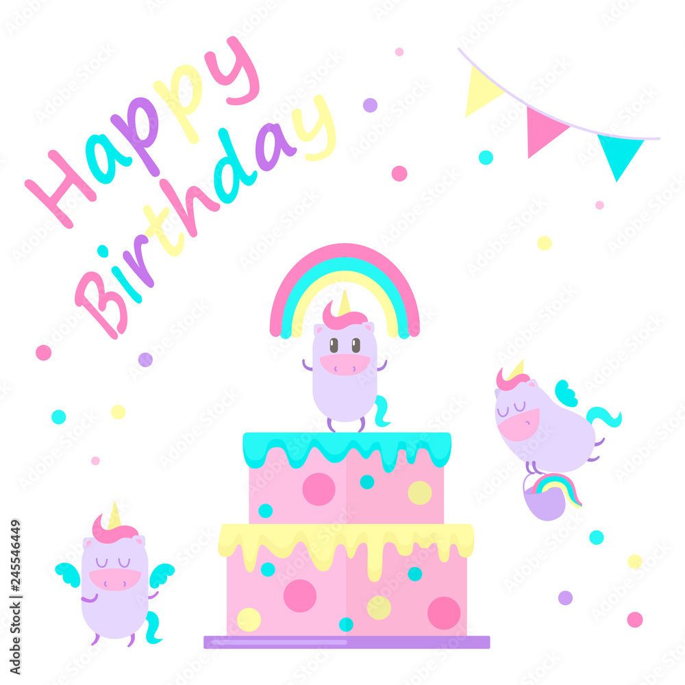 Happy birthday cute card with magical unicorns big cake. 