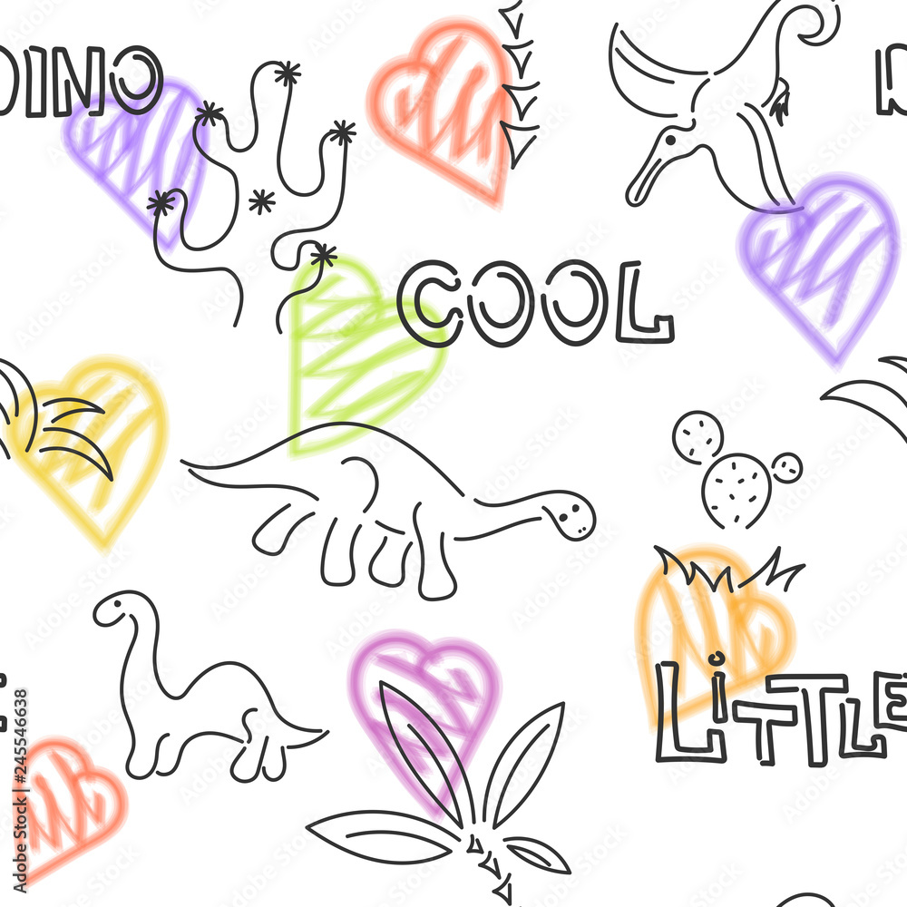 Cute dinosaur and heart. Seamless pattern. Hand drawn vector doodle design for kids, fabric.