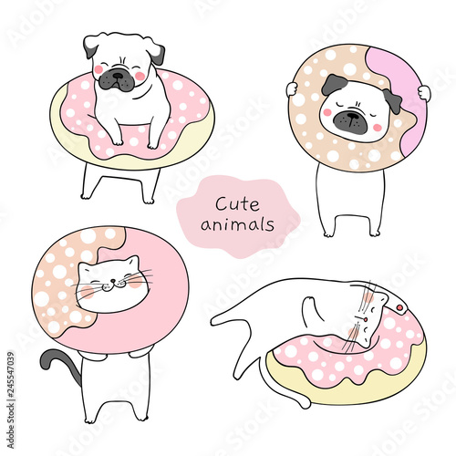 Draw cat and pug dog with sweet donut