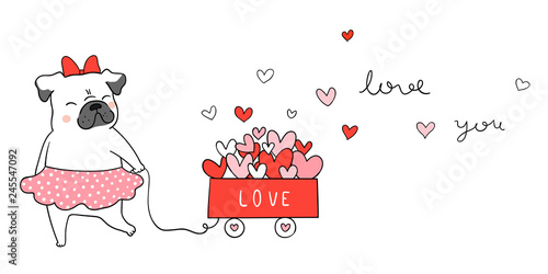 Draw pug dog with little heart cat in cart