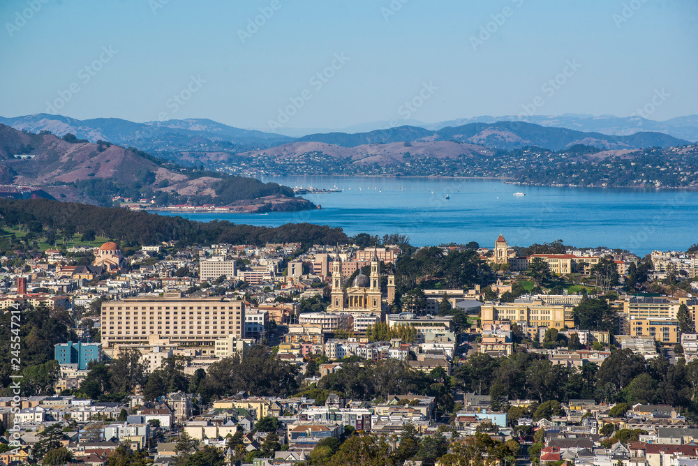 Aerial view of Alcatraz island with Angel Island in the background.