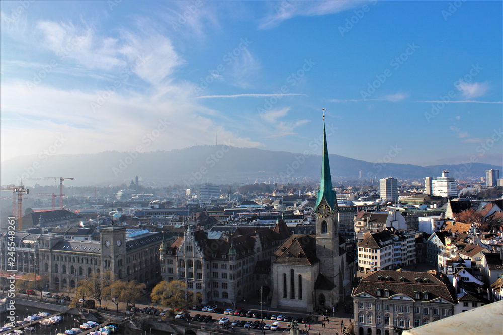 Zurich, Switerland from above seen from cathedral. sunny day in Zurich. 