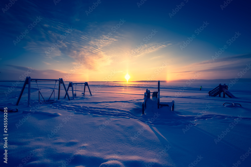 Very cold day sunset scenery from Sotkamo, Finland.