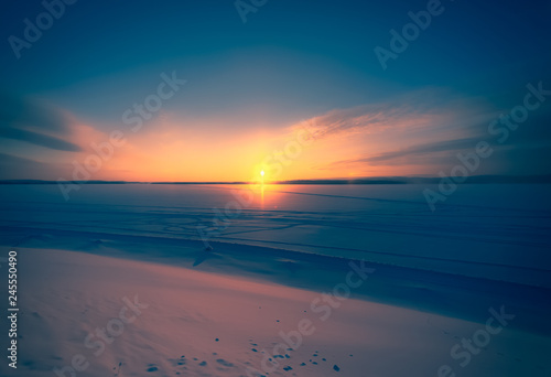 Very cold day sunset scenery from Sotkamo  Finland.