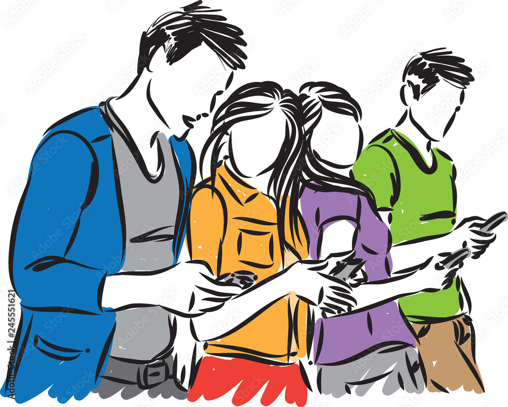 YOUNG PEOPLE LOOKING CELLPHONES VECTOR ILLUSTRATION YOUNG PEOPLE LOOKING CELLPHONES VECTOR ILLUSTRATION