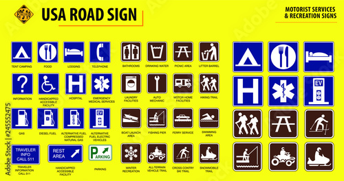 set of USA road sign.(MOTORIST SERVICES & RECREATION SIGNS). easy to modify