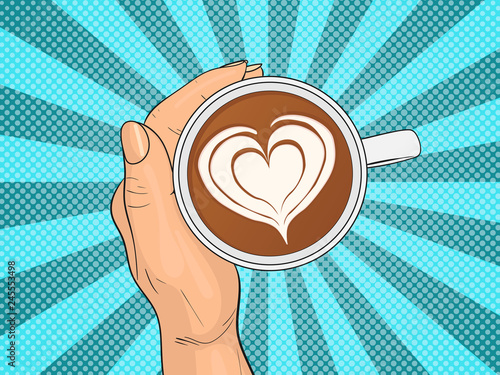 Hand holding cup of coffee. Pop Art vintage vector illustration