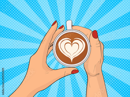 Hands holding cup of coffee. Pop Art vintage vector illustration