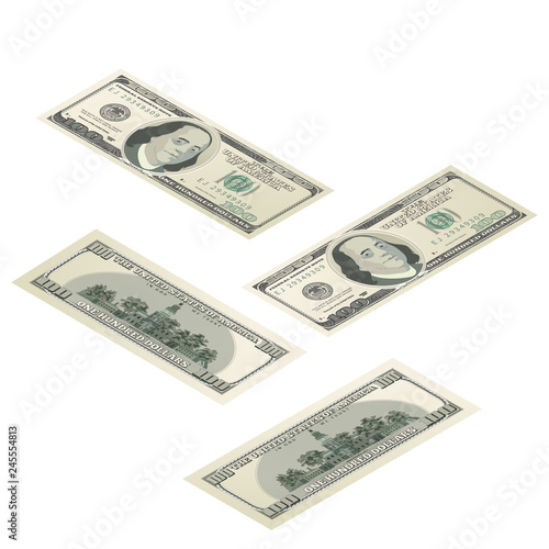 Realistic dummy one hundred USA dollars banknote, front and back detailed coupure in isometric view on white