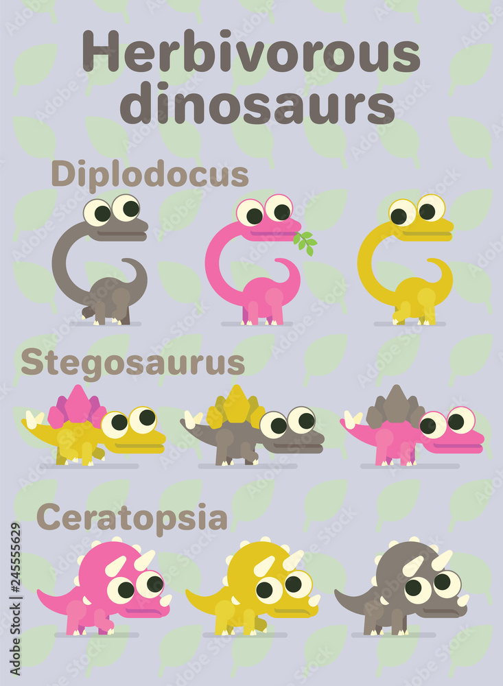 Herbivorous dinosaurs. Variants of coloring of funny dinos with big eyes. Diplodocus, ceratopsia, stegosaurus. Vector illustration of prehistoric characters in flat cartoon style on neutral background