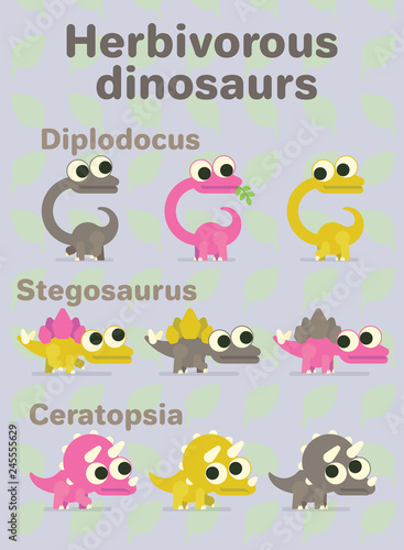 Herbivorous dinosaurs. Variants of coloring of funny dinos with big eyes. Diplodocus  ceratopsia  stegosaurus. Vector illustration of prehistoric characters in flat cartoon style on neutral background