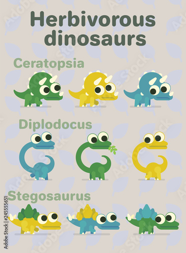 Herbivorous dinosaurs. Vector illustration of prehistoric characters in flat cartoon style on neutral background. Diplodocus, ceratopsia, stegosaurus. Variants of coloring of funny dinos with big eyes