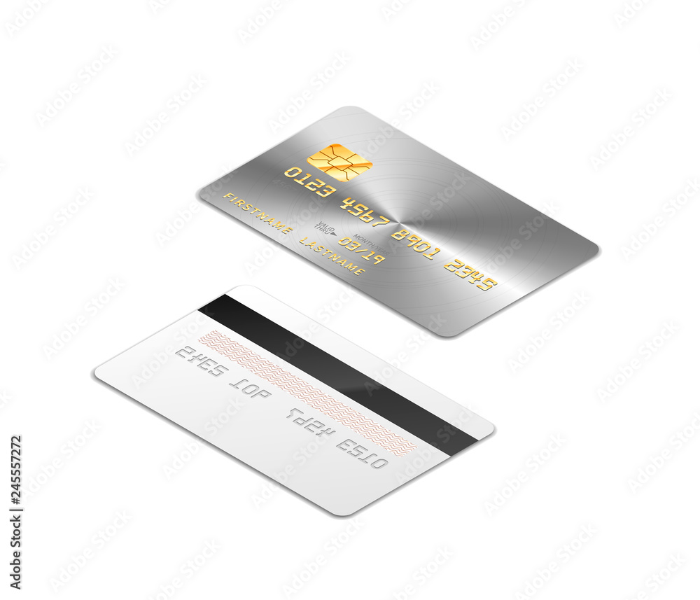 Silver realistic credit card with chip from both sides in isometric projection on white Silver realistic credit card with chip from both sides in isometric projection on white